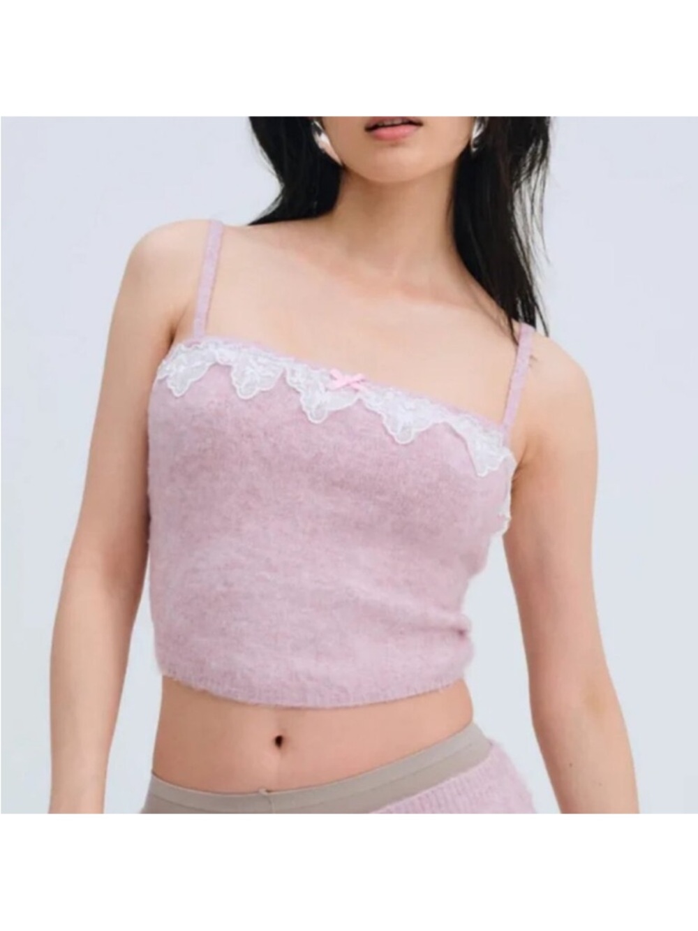 NWT For Love And Lemons Soft Pink Fuzzy Lace-Trim Crop Camisole